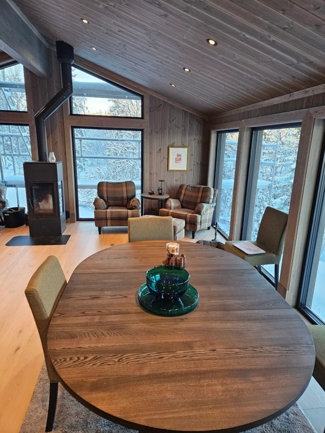 Hyttestue med peis, trepanel og utsikt til snødekt skog